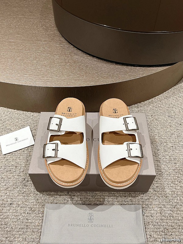 Brunello Cucinelli Double-Button Minimalist-Style White Slide Sandals