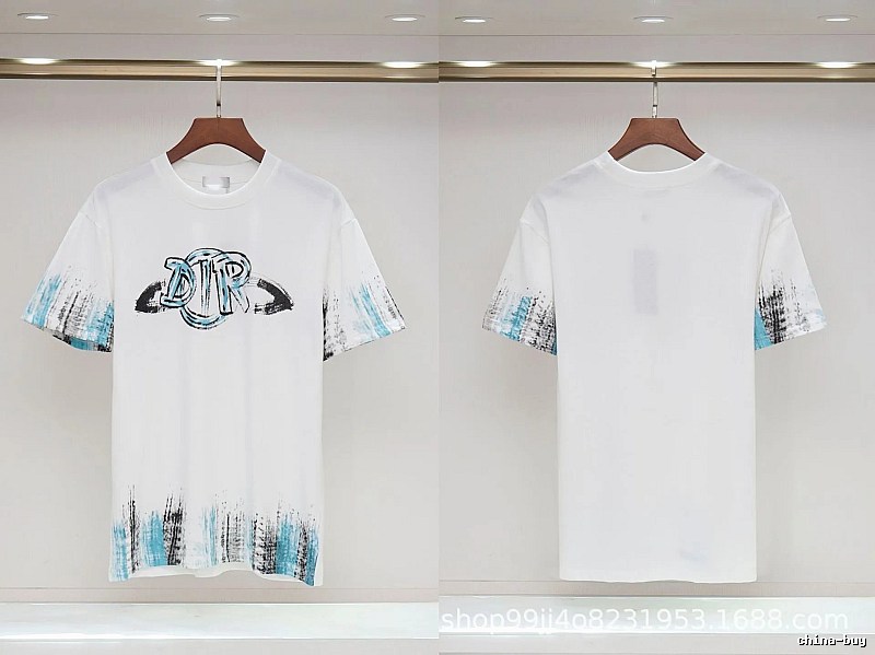 Dior Graffiti Collection Street Style White and Blue Short-sleeve T-shirt