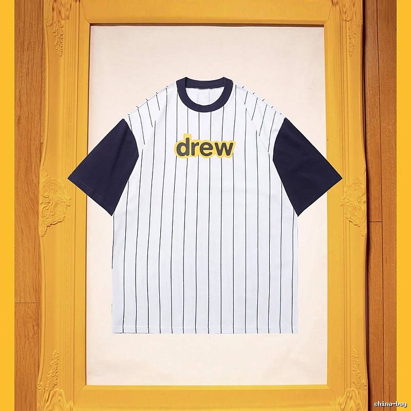 DREW Letter Print Street Style White and Navy Blue Short Sleeve T-Shirt