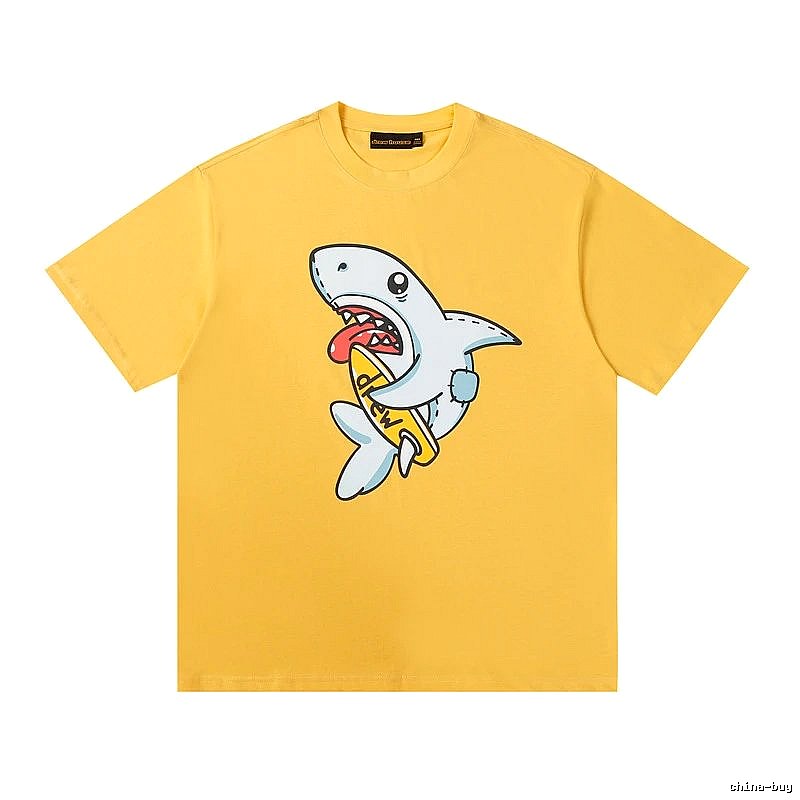 DREW Shark Print Street Style Yellow T-shirt