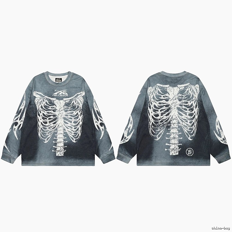 Hellstar Skull Print Street Style Vintage Grey Long Sleeve T-shirt