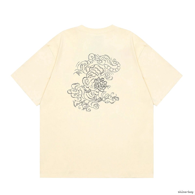 KENZO Auspicious Cloud Tiger Embroidery Chinese Style Beige Apricot Short Sleeve T-Shirt