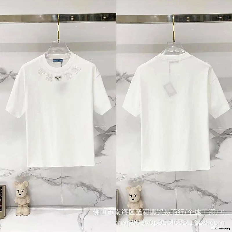 Prada Embroidered Minimalist Style White Short-sleeved T-shirt