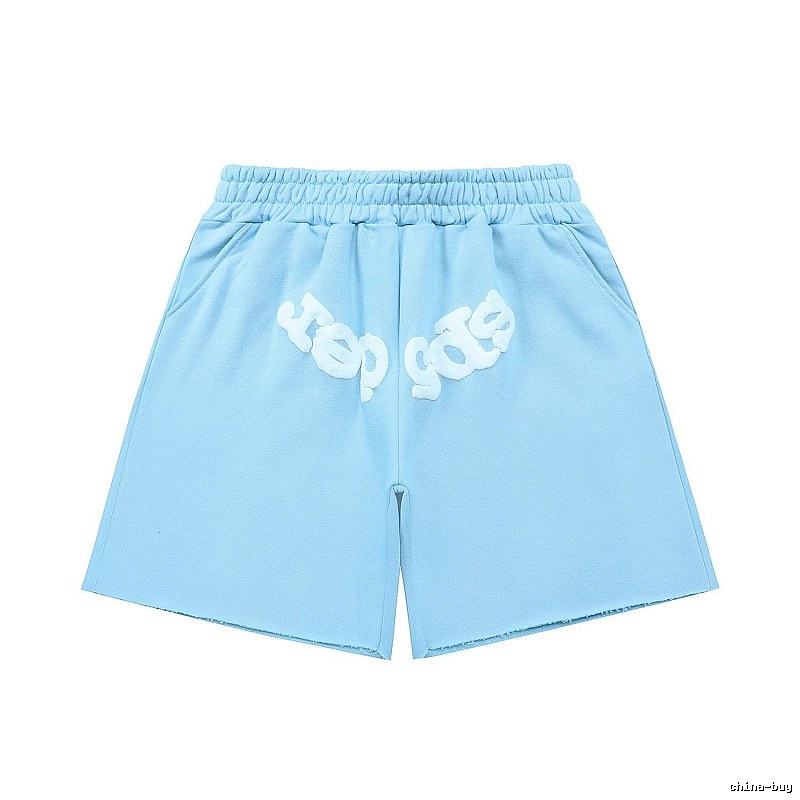 Sp5der letter-style light blue shorts