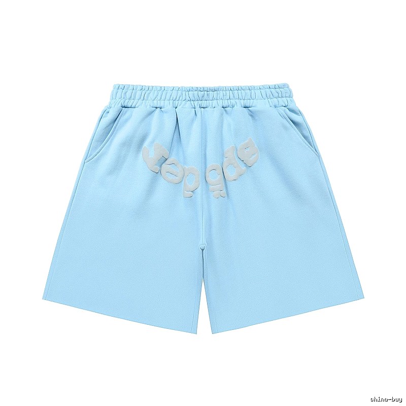 Sp5der letter-style light blue shorts
