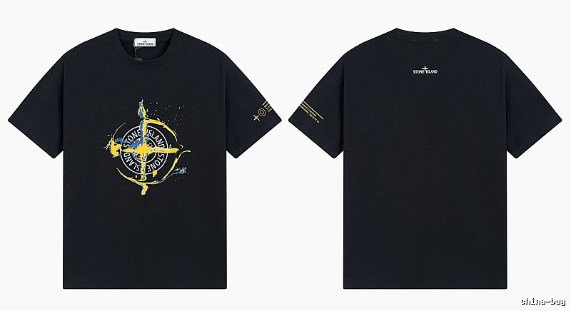 Stone Island Ink-splattered Street Style Black Short-sleeve T-shirt