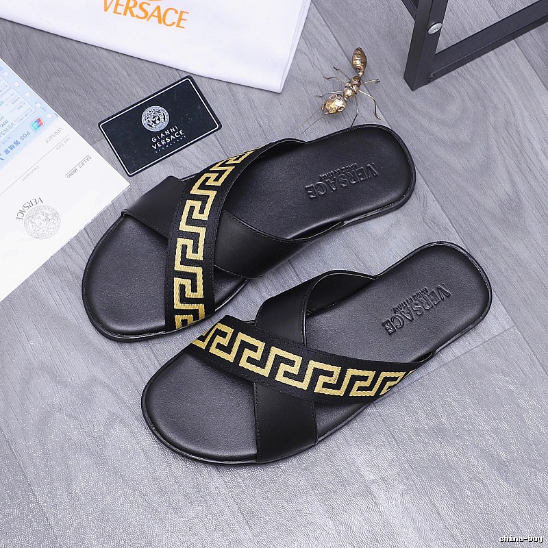 Versace Greek Key Luxury Style Black and Gold Slide Sandals